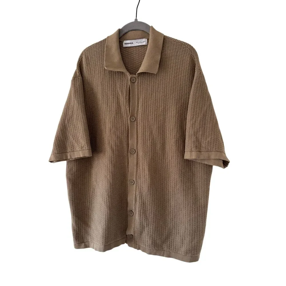 Bershka Mens Knit Polo Cardigan Shirt Brown Textured Button Front Size L EU - Picture 4 of 8